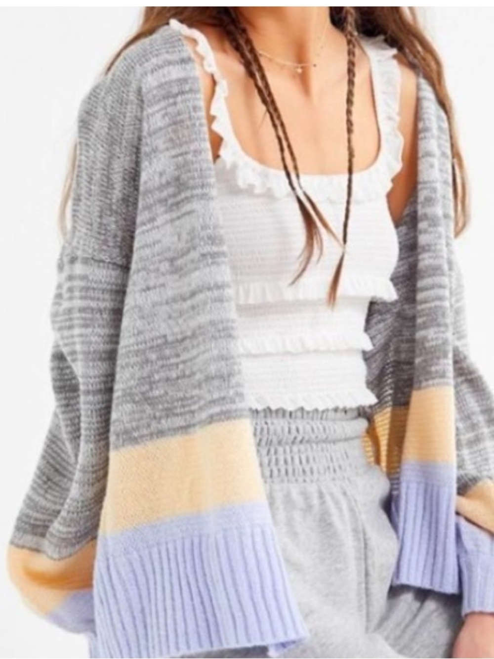 Truly Madly Deeply Gray Marled Open-Front Cardigan with Cream & Light Blue Bands